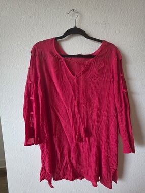 Avenue Bright Red Tunic with Tassel Detail Cutout Sleeves